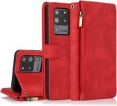 Voor Samsung Galaxy S20 Ultra Huidgevoel Crazy Horse Textuur Rits Portemonnee Tas Horizontale Flip Leren Case met Houder & Kaartsleuven & Portemonnee & Lanyard (Rood)