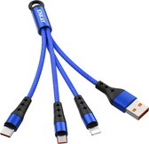 ENKAY ENK-CB400 3-in-1 2.4A USB naar 8-pins + Micro USB + USB-C / Type-C Mini draagbare stoffen textuur ronde kabel oplaadkabel, lengte: 14 cm (blauw)