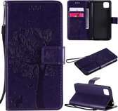 Voor Huawei Y5p Tree & Cat reliÃ«fpatroon Horizontale flip lederen tas met houder & kaartsleuven & portemonnee & lanyard (paars)