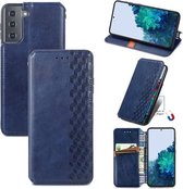 Voor Samsung Galaxy S21 + 5G Cubic Grid Pressed Horizontal Flip Magnetic PU Leather Case met houder & kaartsleuven & portemonnee (blauw)