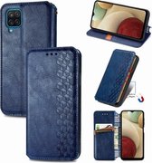 Voor Samsung Galaxy A12 Cubic Grid Pressed Horizontal Flip Magnetic PU Leather Case met houder & kaartsleuven & portemonnee (blauw)