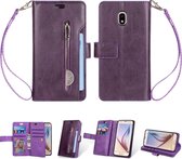 Voor Samsung Galaxy J3 (2018) / Galaxy J7 (2018) Multifunctionele Rits Horizontale Flip Leren Case met Houder & Portemonnee & 9 Kaartsleuven & Lanyard (Paars)