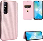 Voor vivo Y73s koolstofvezel textuur magnetische horizontale flip TPU + pc + PU lederen tas met kaartsleuf (roze)