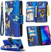 Voor Xiaomi Redmi Note 7 Gekleurd tekenpatroon Rits Horizontaal Flip lederen tas met houder & kaartsleuven & portemonnee (gouden vlinder)