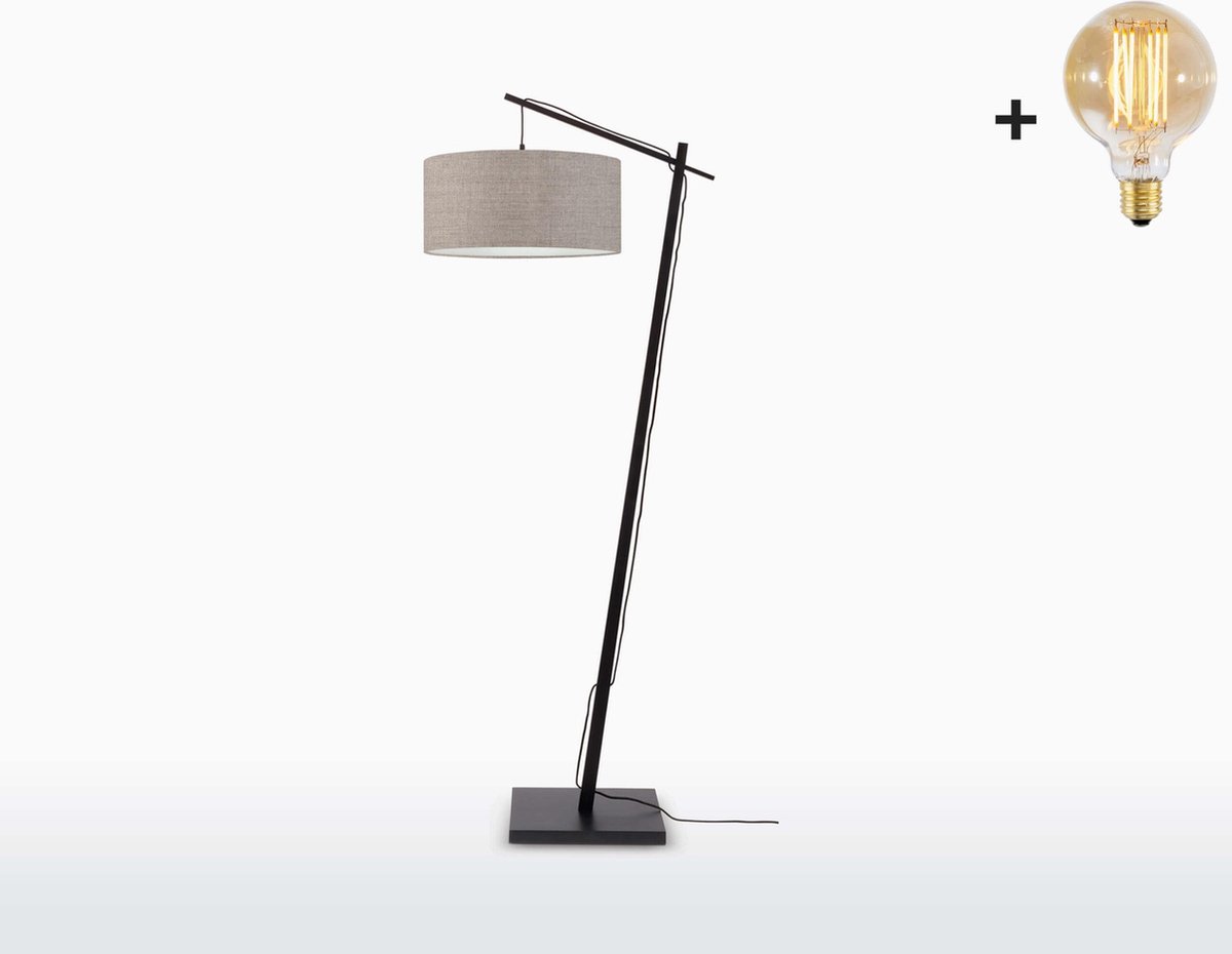 Vloerlamp – ANDES – Zwart Bamboe Voetstuk (h. 176 cm) - Donker Linnen - Met LED-lamp