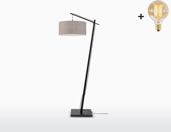 Vloerlamp – ANDES – Zwart Bamboe Voetstuk (h. 176 cm) - Donker Linnen - Met LED-lamp