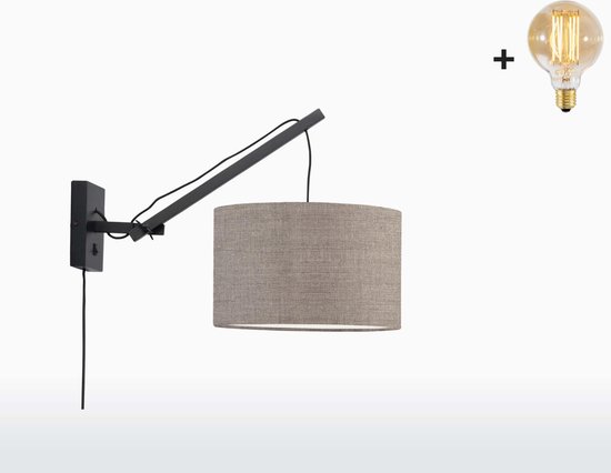 Wandlamp met Korte Arm - ANDES - Zwart Bamboe - Donker Linnen - Met LED-lamp