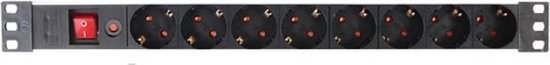 Perel PDU-Stekkerdoos met schakelaar, overbelastingsbeveiliging, 8 stopcontacten met randaarde (type F), kabel 2.15 m, 3G1.5, voor binnen, zwart/rood