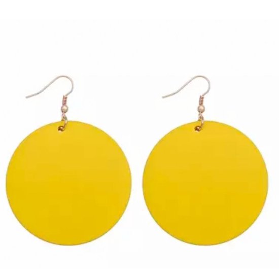 Zilveren oorhangers-hout- geel -rond- 5 cm- Charme Bijoux