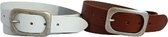 De Riemenspecialist - Combi deal 2 leren riemen met platte ronde gesp in de kleuren Wit en Cognac 4 cm breed maat 105 - Echt Leer - Totale lengte 120