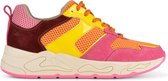 PS Poelman Dames - MINION Combo Mesh Suède Leren Runner Sneakers met Lakleer Details en Beige Zool - Roze Oranje Geel Roze Bordeaux Multi - Maat 40