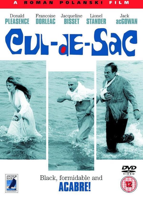 Film poster voor 'Cul-de-Sac' met Donald Pleasence, Francoise Dorleac, Jacqueline Bisset en Lionel Stander in water. Tekst: 'CUL-DE-SAC' en 'Black, formidable and ACABRE!'