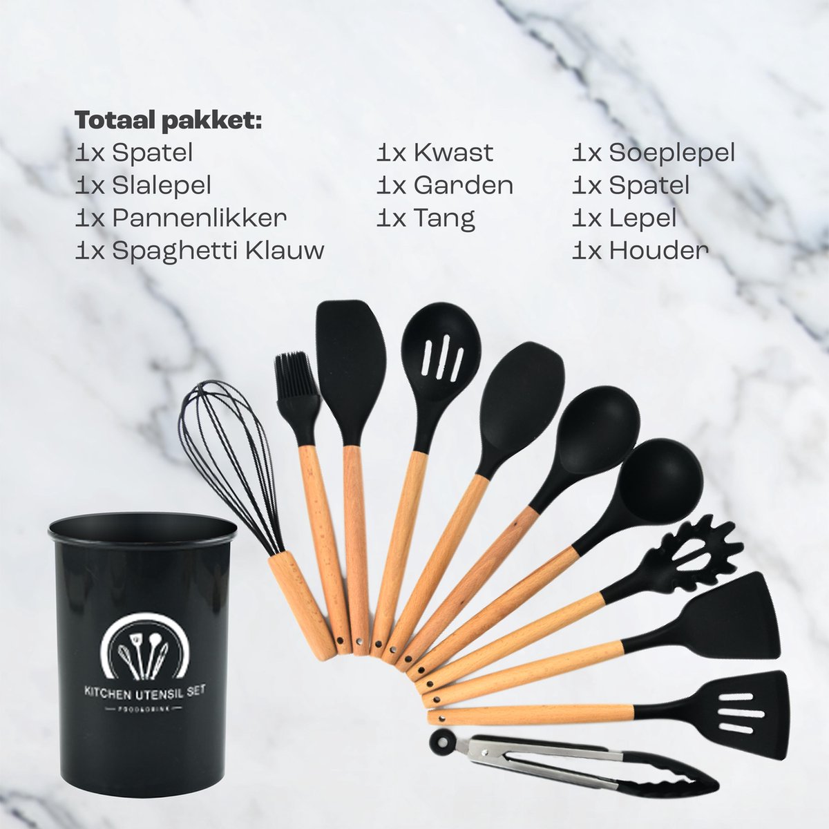 thumbnail: TAVADA 49-Delige Siliconen Keukengerei Set - Anti-Aanbak Hittebestendig Zwart