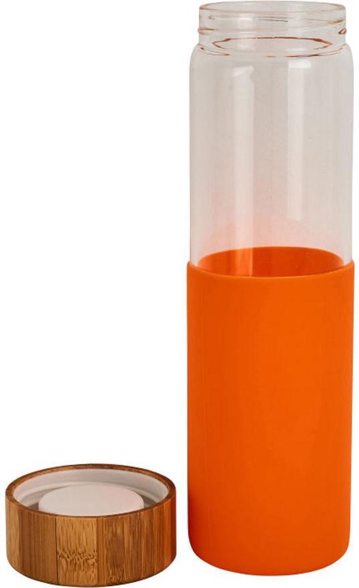 Gepersonaliseerde drink fles met uw eigen tekst of naam - Oranje - Bamboe dop - Ook eigen ontwerp is mogelijk