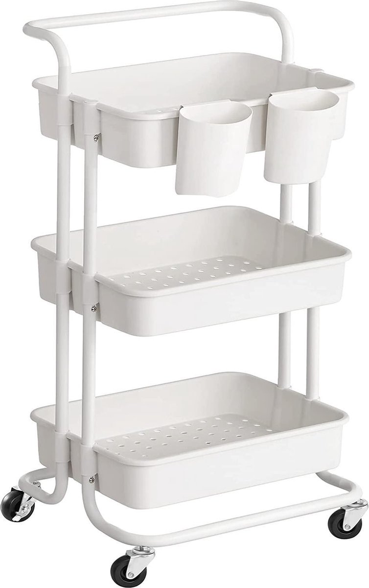 Nancy's Terrytown Keukentrolley - 3 Niveaus - Serveerwagen - Handvat - 2 Bakjes - Kunststof - Wit/Zwart - Staal - 41.6 x 33.5 x 86.3 cm