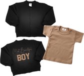 Bomberjack jogging met T-shirt 2 delig -Most beautiful boy-jongens jas-Maat 74-zwart-beige sand