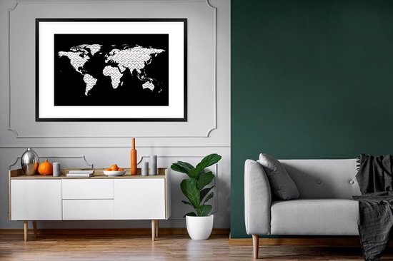 Wereldkaart en noir et blanc avec motif zigzag 120x80 cm