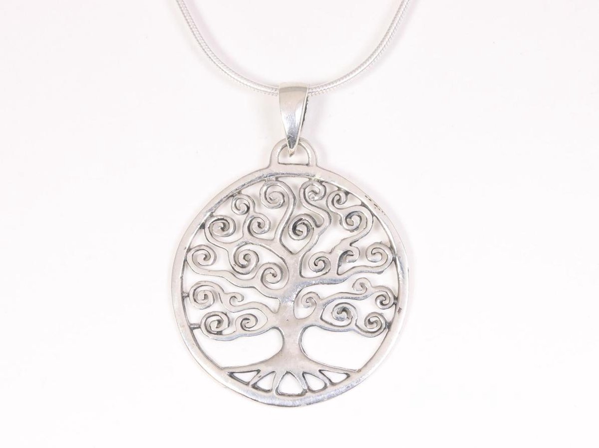 Ronde zilveren hanger met levensboom aan ketting