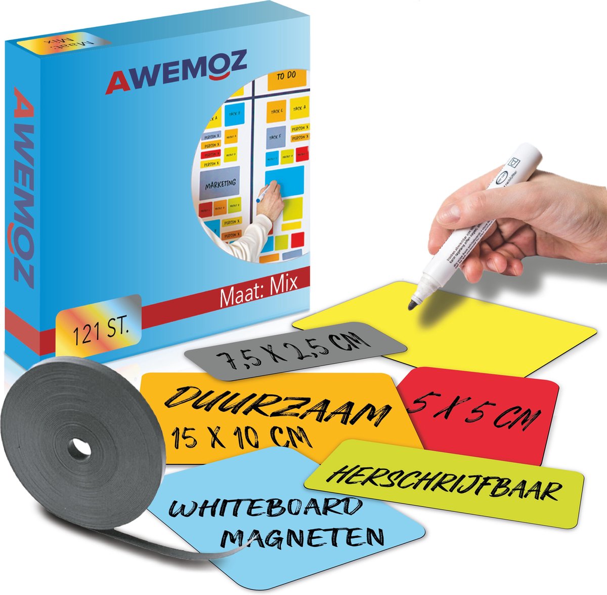 AWEMOZ Scrum Whiteboard Magneten - 121 delig - voor Whiteboard, Magneetbord, Memobord of Magnetisch Tekenbord – Herschrijfbare Magneten op Koelkast - Magneetband - Scrum Mega Set - AWEMOZ