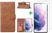 Samsung S21 hoesje bookcase Bruin - Samsung Galaxy s21 hoesje bookcase wallet case portemonnee book case hoes cover hoesjes met 2 stuks Screenprotector