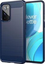 OnePlus 9 hoesje, MobyDefend TPU Gelcase, Geborsteld Metaal + Carbonlook, Navy blauw | GSM Hoesje / Telefoonhoesje Geschikt Voor: OnePlus 9