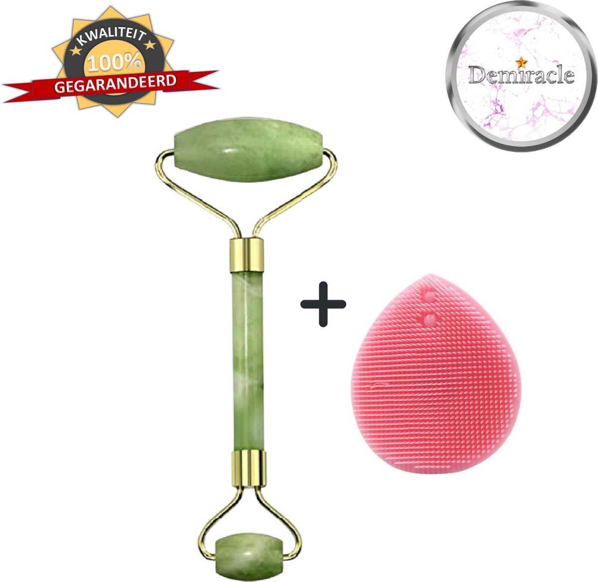 Goedkoopste Demiracle Jade Face Roller met Roze Siliconen Gezichtsborstel - Cadeau - Gezichtsroller - Massage Roller - Jade Roller - Rimpelverwijdering - Ontspanning - Kwaliteit