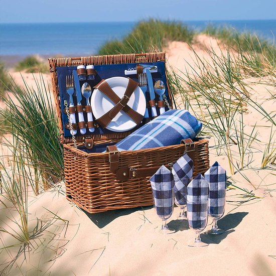 Panier de pique-nique LifeGoods 29 pièces - Set pour 4 personnes - Services de table complète - Incl. Couverture de pique-nique matelassée imperméable - Panier en osier / Cuir PU
