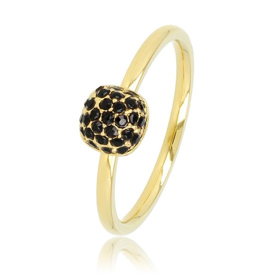 My Bendel - Mooie ring goudkleurig met zwarte zirkonia stenen - Fijne ring met zwarte zirkonia stenen, gemaakt van mooi blijvend edelstaal - Met luxe cadeauverpakking