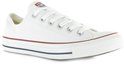 Lage witte Converse Chuck Taylor sneaker met rood en blauw detail op de zool.