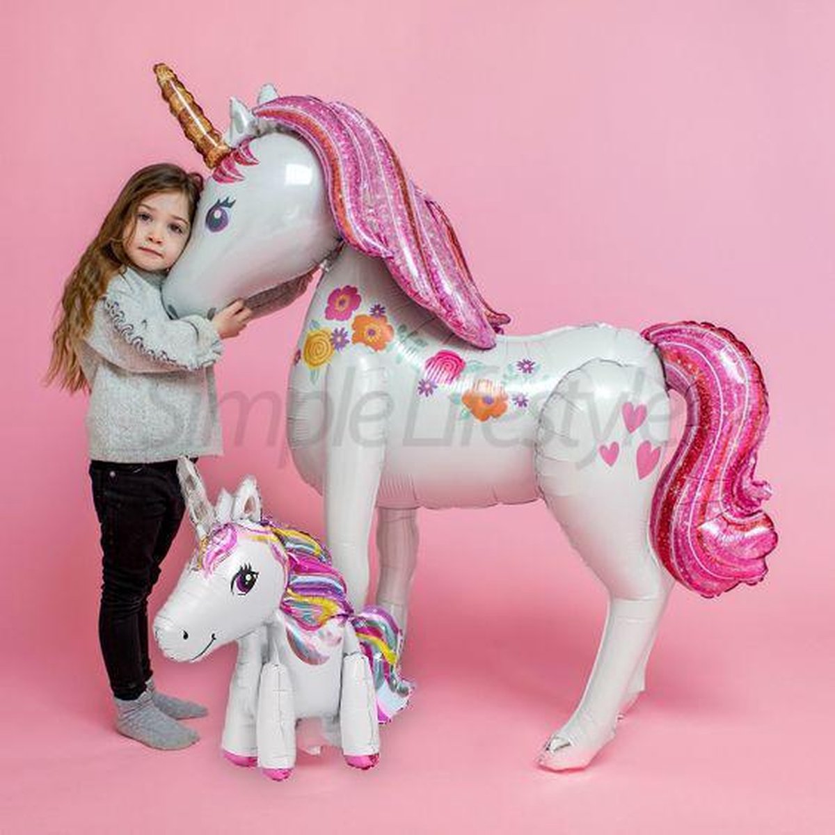 Unicorn Ballon XL 116cm + Kleine Eenhoorn 58cm Inclusief Opblaasrietje |Grote opblaasbare Paard Luxe Thema Party | Feestpakket Princess Prinses 3D Ballonnen | Verjaardag versiering - Kinderfeest - Celejoy