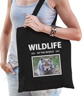 Dieren Wolf foto tas katoen volw + kind zwart - wildlife of the world - kado boodschappentas/ gymtas / sporttas - Wolven