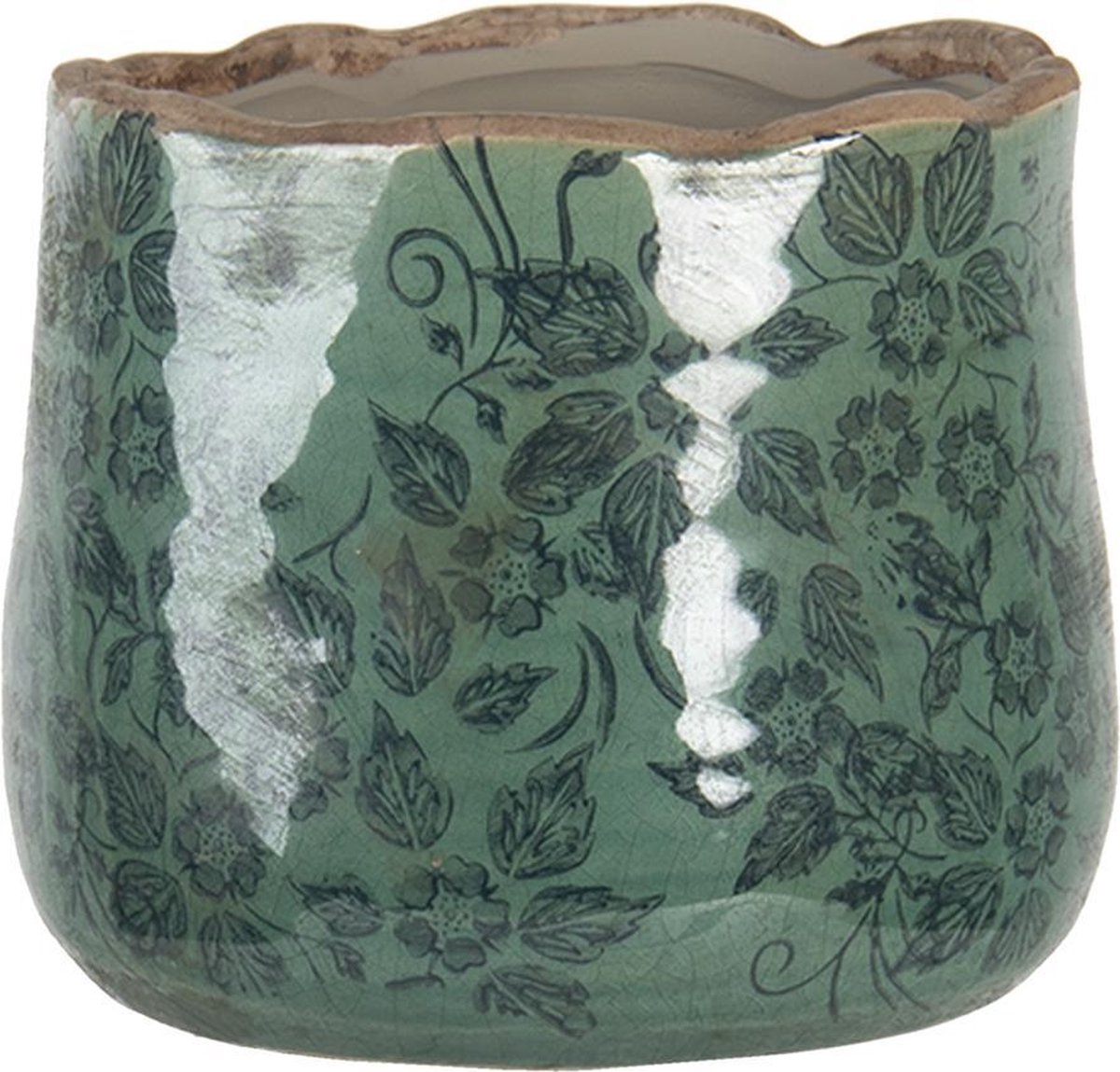 Clayre & Eef Bloempot Ø 13x11 cm Groen Keramiek Bladeren