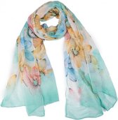 Langwerpige sjaal Flowy Pastels|Gebloemde dames shawl|Turquoise blauw geel