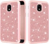 Glitter poeder contrast huid schokbestendig siliconen + pc beschermhoes voor Galaxy J3 (2018) (roségoud)