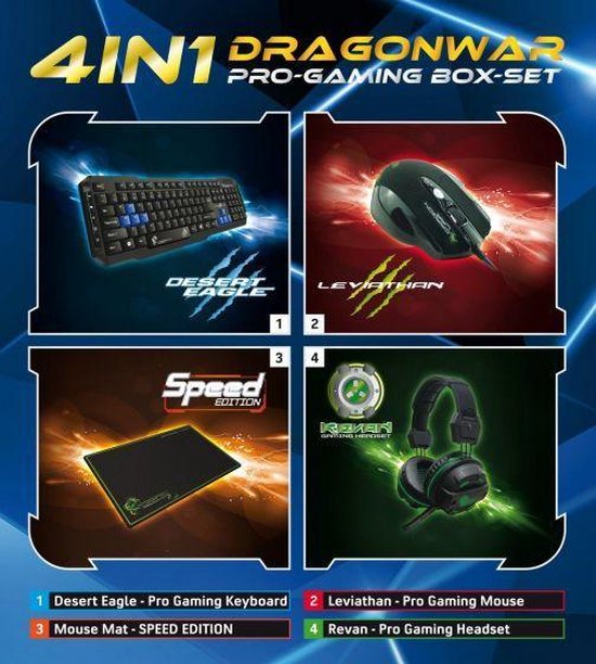 Dragonwar 4 in 1 Pro Gaming Box met Leviathan Gaming Mouse + Desert Eagle USB-toetsenbord met achtergrondverlichting + Speed ​​Gaming Mouse Pad en Revan Gaming Headset - DragonWar