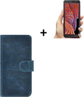 Samsung Galaxy Xcover 5 hoesje - Samsung Galaxy Xcover 5 Screenprotector - Samsung Xcover 5 Wallet Book Case Echt Leer Denim Blauw + Screenprotector