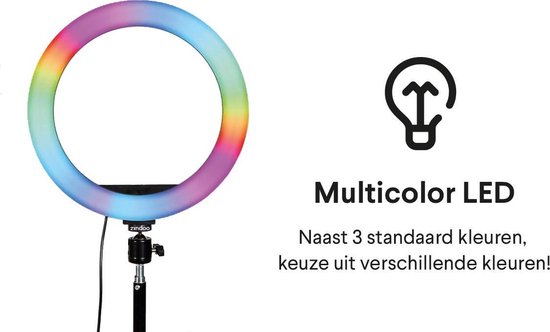 Zindoo 2 in 1 Multicolor Ringlamp XL - LED Ringlight met Statief - Telefoon & Tablet houder - Met Afstandsbediening - Dubbele houder - Selfie Ring licht - Studio Ring lamp - TikTok - Make-up -  Vlog lamp - Facebook - Instagram - Verstelbaar Statief - Zindoo