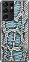 Samsung Galaxy S21 Ultra siliconen hoesje - Slangenprint - Soft Case Telefoonhoesje - Blauw - Slangenprint