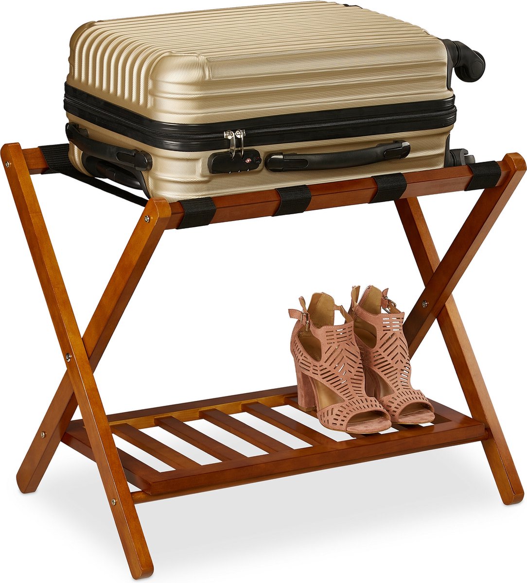 Relaxdays inklapbaar kofferrek - met plank - houten bagagerek - bagagestandaard hotel - Naturel