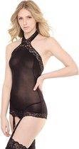 Sheer Halter Top With Attached Stockings - Black