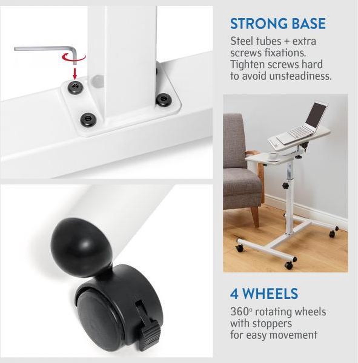 Kantelbare laptoptafel op wielen wit, verstelbaar 72-110cm, muisplank, geschikt voor 7-17 inch laptops - Afbeelding 5
