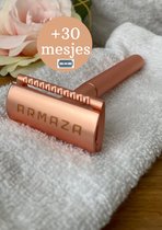 Armaza Safety Razor + 30 Gratis Scheermesjes – Rose Gold Goud voor Vrouwen – Veiligheidsscheermes Roségoud Metaal - Double Edge - Dubbelzijdig Scheermes - Single Blade Zero Waste -