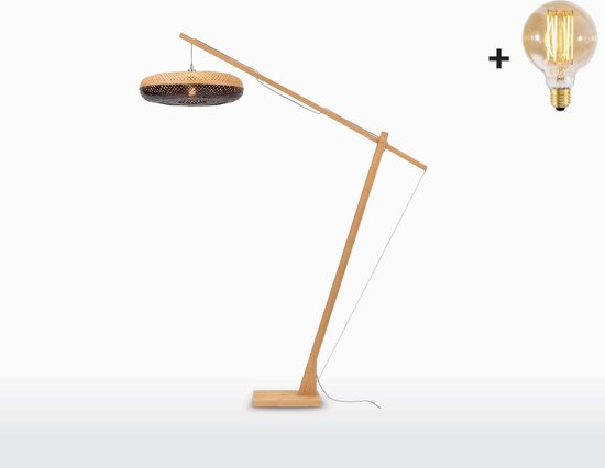 Vloerlamp - PALAWAN - Large Bamboe Voetstuk (h. 220 cm) - Naturel-Zwarte Kap (60x15 cm) - Met LED-lamp