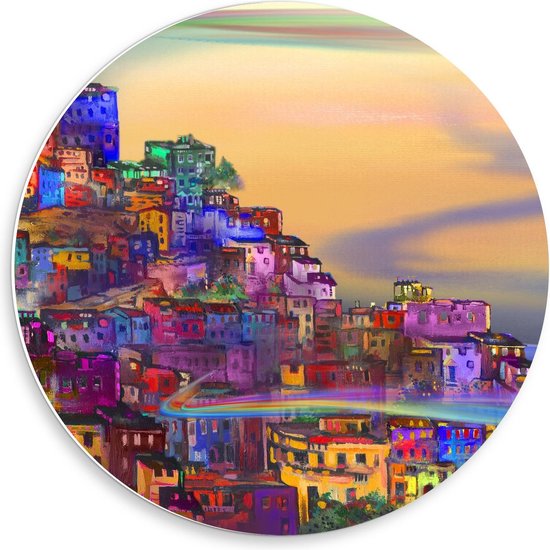 Forex Wandcirkel - Gekleurde Huisjes met Regenbogen - Foto op Wandcirkel (met ophangsysteem)