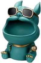 BaykaDecor - Unieke Hond Beeld -  Woondecoratie - Multifunctioneel - Sleutelhouder - Buldog Snoeppot - Blauw met Goud - 20 cm