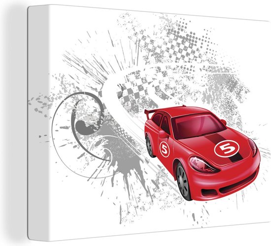 Canvas Schilderij Illustratie van een rode race auto voor een grijze achtergrond - 40x30 cm - Wanddecoratie