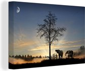 Canvas Schilderij Olifanten in zonsondergang - 60x40 cm - Wanddecoratie