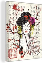 Canvas Schilderij Japanse illustratie traditionele vrouw - 90x120 cm - Wanddecoratie