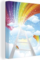 Canvas Schilderij Een illustratie van een trap omgeven met wolken en regenbogen - 90x120 cm - Wanddecoratie