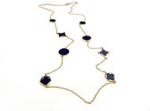 lange zilveren collier halsketting halssnoer geelgoud verguld Model Blossom met blauwe stenen